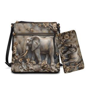 5690 Elephant Flower Crossbody Bags Shoulder Handbags Purse and Wallet Set